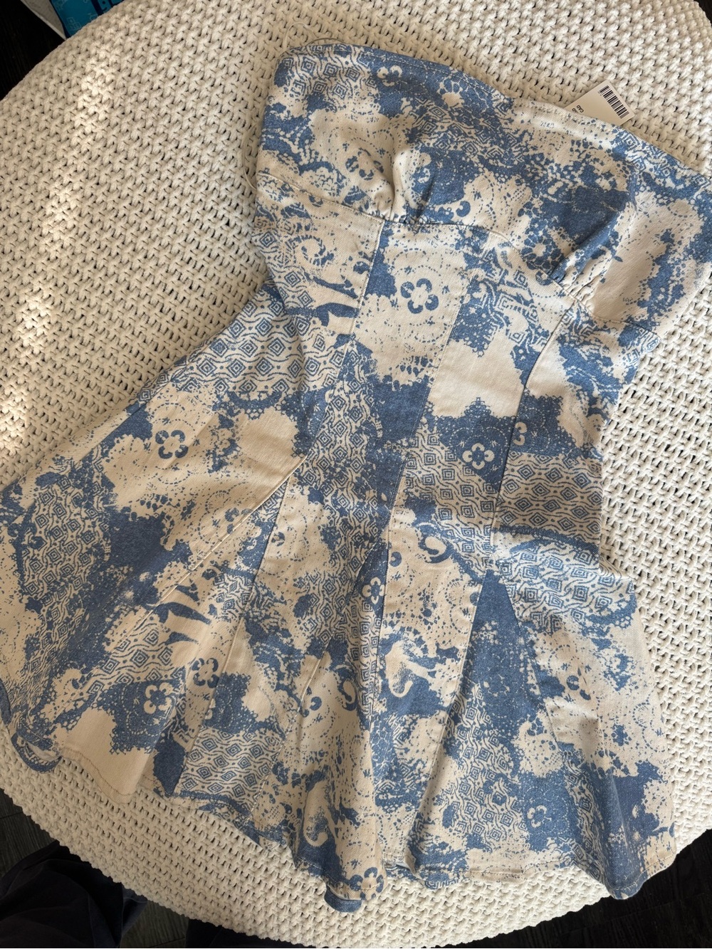 NWT Urban Outfitters Strapless Blue Motif Mini Dress Size S
